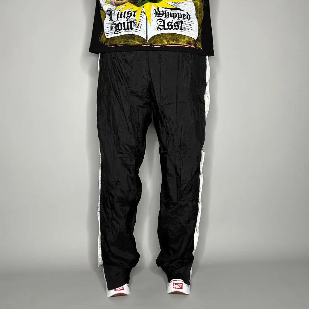 Vintage 90s Track Pants Mens M Baggy Flared Fit Jet Black Nylon White Lined - Picture 3 of 4